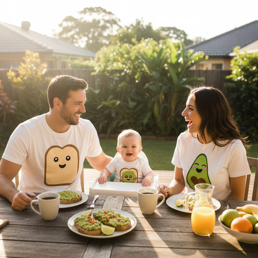 Family of three enjoying a meal together outdoors with matching avocado-themed t-shirts.