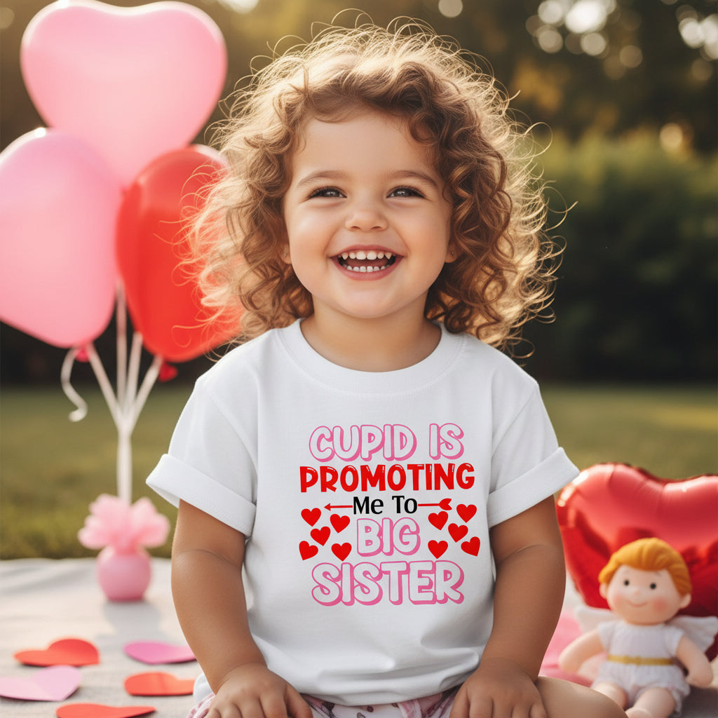 White t-shirt with 'Cupid is Promoting Me to Big Sister' text on a wooden surface