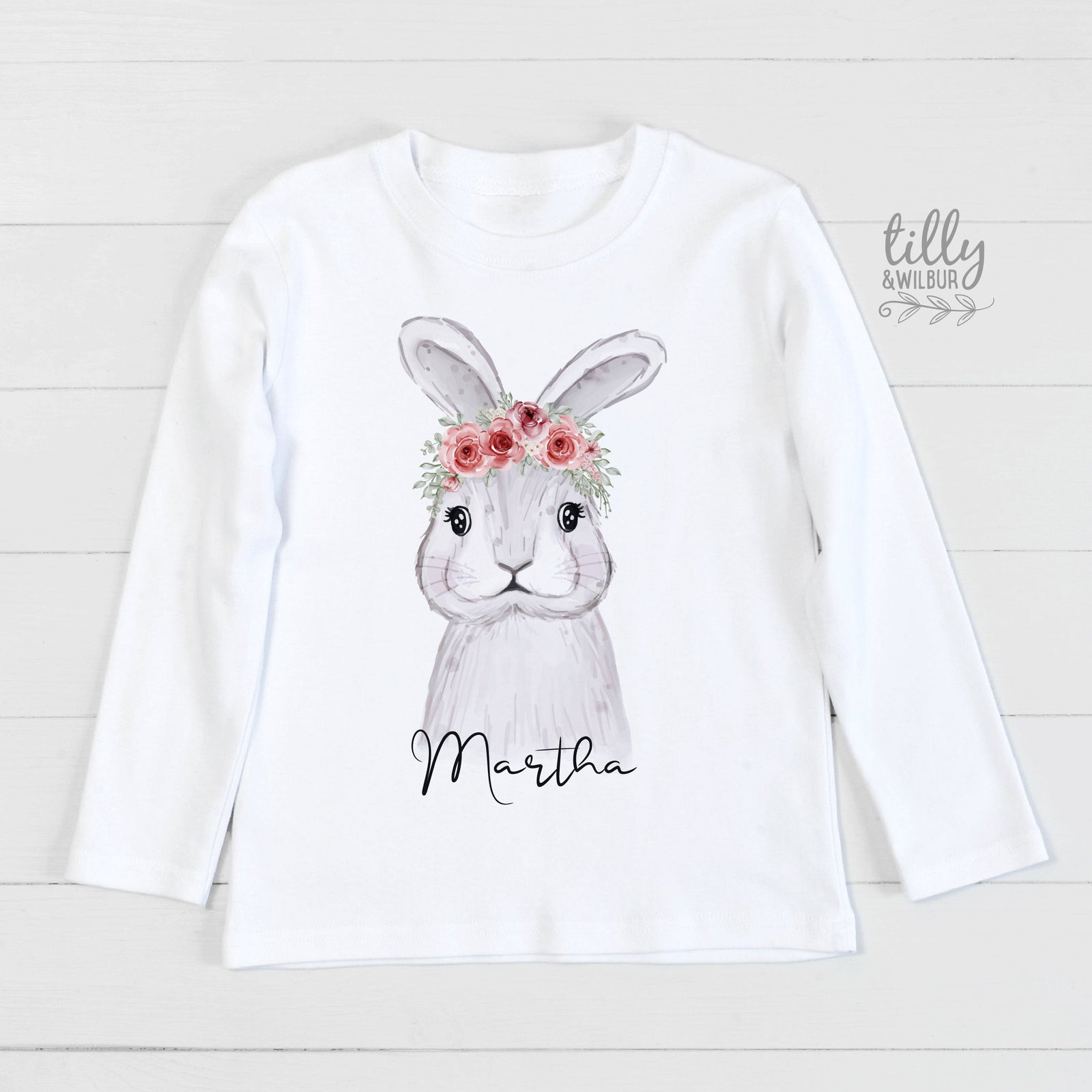 Personalised Floral Bunny Easter Shirt – Custom Name Bunny Top for Babies, Toddlers & Kids