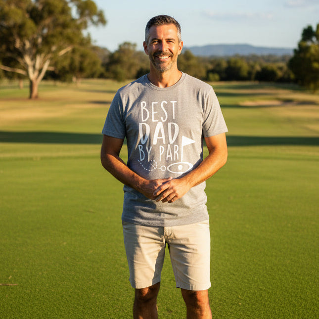 Man wearing grey Best Dad By Par t-shirt on a golf course