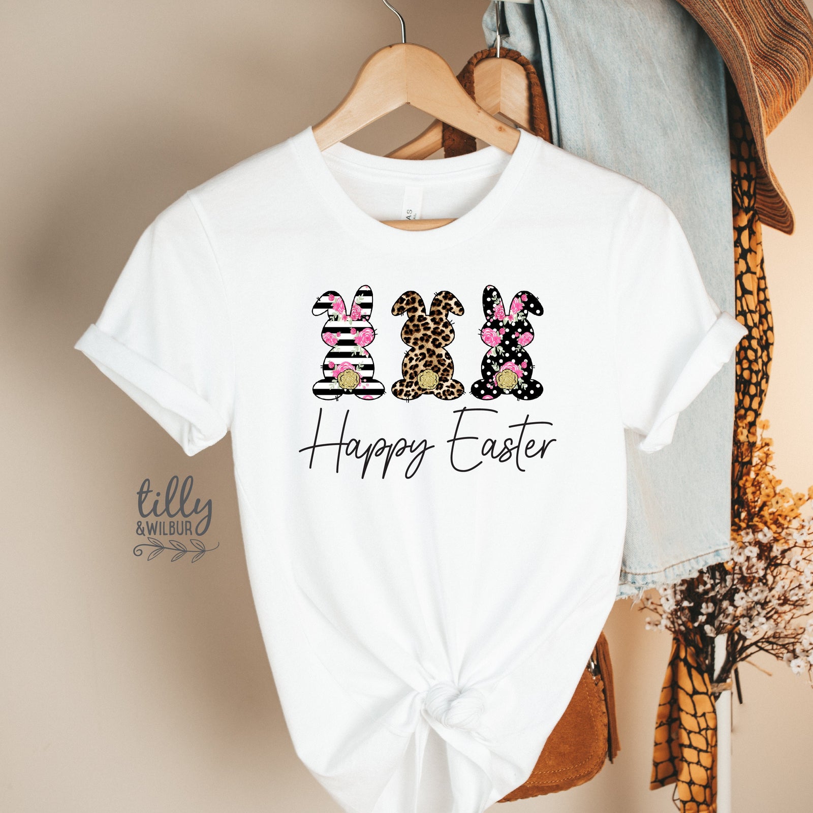 Womens Easter shirt Australia with Happy Easter text and bunny trio print