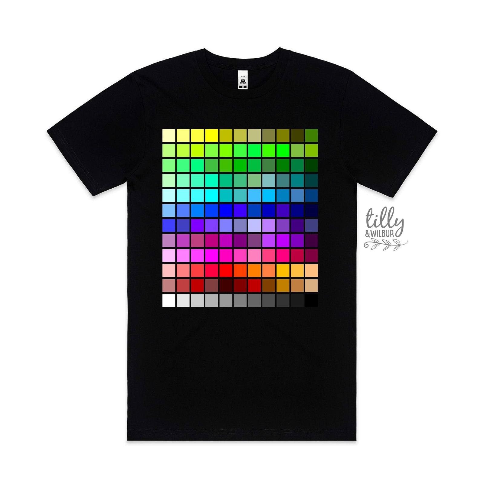 Black t-shirt with a grid of colourful swatches forming a colour palette design.