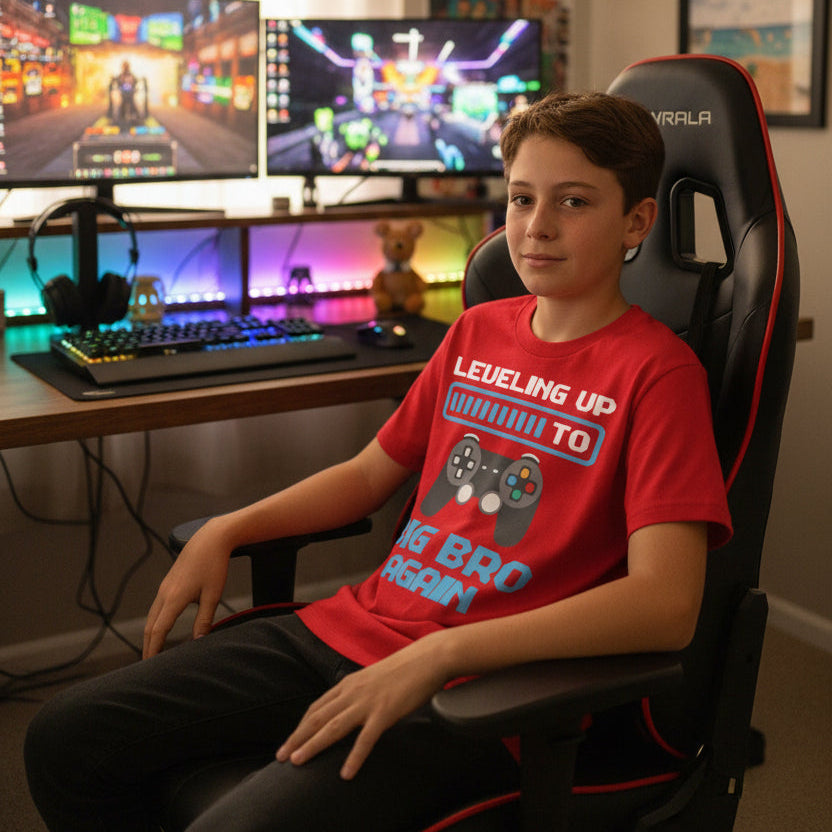 Boy in a gaming chair wearing a red t-shirt with a controller design that reads Levelling Up To Big Bro Again.