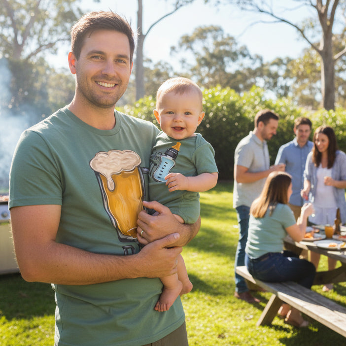 Green t-shirt with 'Pint' design and matching green baby onesie with 'Hale Pint' design on a white background.