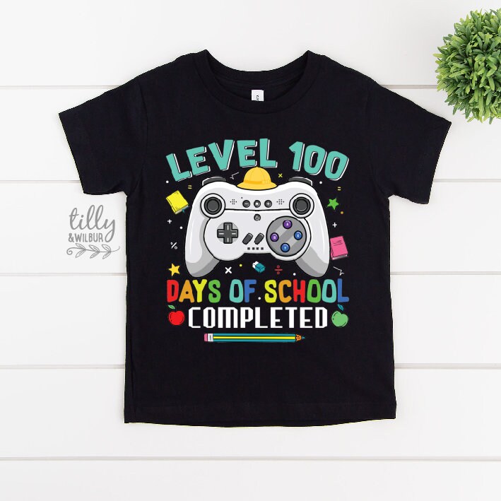 \Black kids t-shirt with a game controller reading Level 100 Days Of School Completed.