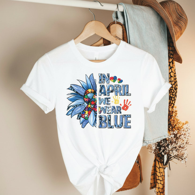Autism Awareness Shirt Australia | In April We Wear Blue Tee | Puzzle Ribbon Sunflower Shirt | Neurodiversity Support | All Sizes