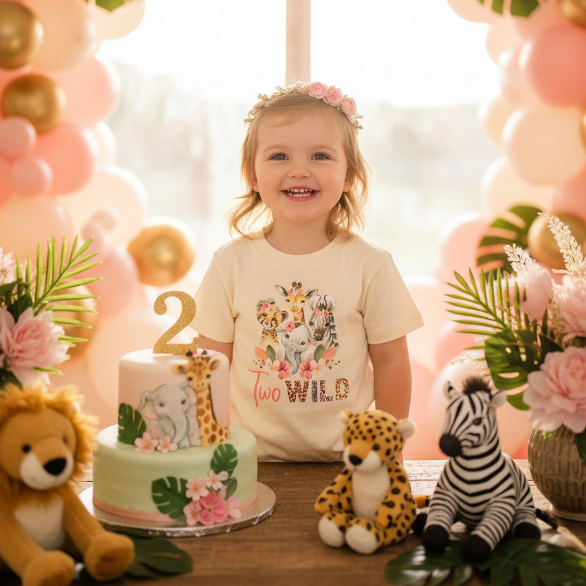 White long sleeve kids t-shirt with watercolour safari animals and Two Wild text in pink and animal print