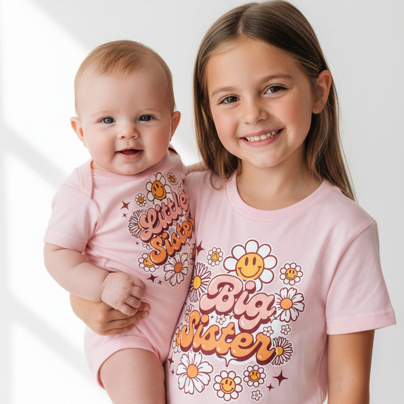 Big Sister Little Sister Set, Matching Sister Outfits, Retro Design, Sibling T-Shirts, Big Sister Shirt, Little Sister Bodysuit, New Baby