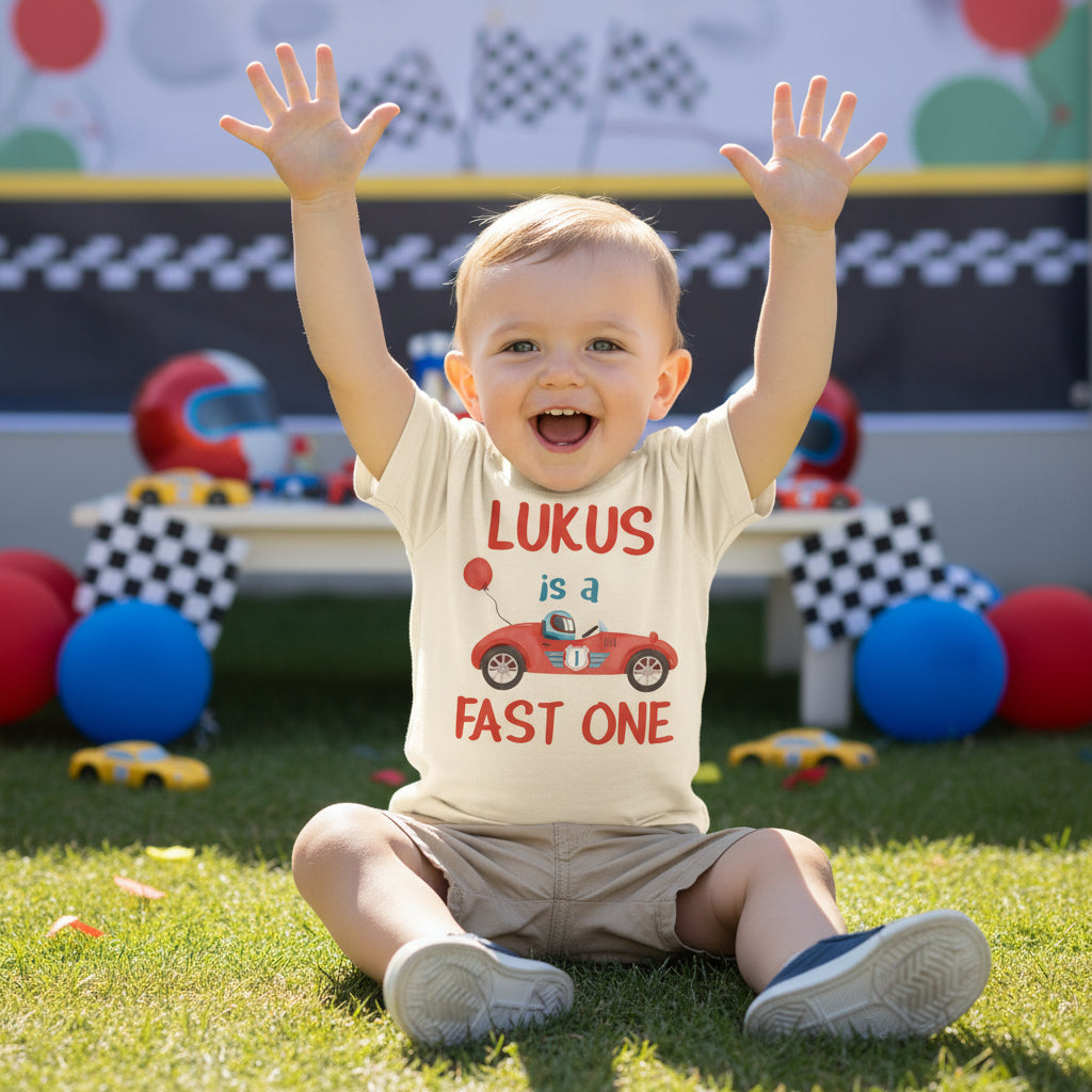 Personalised fast one birthday shirt with red race car and custom name on beige toddler t-shirt