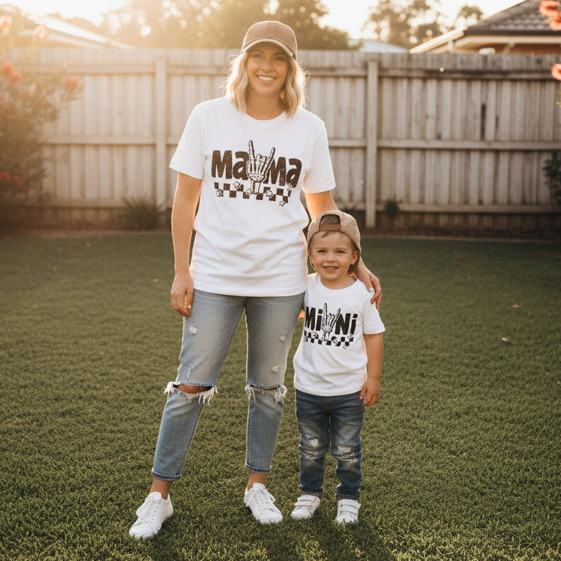 mama and mini shaka skeleton t shirt Australia checkered mum and child graphic tee white
