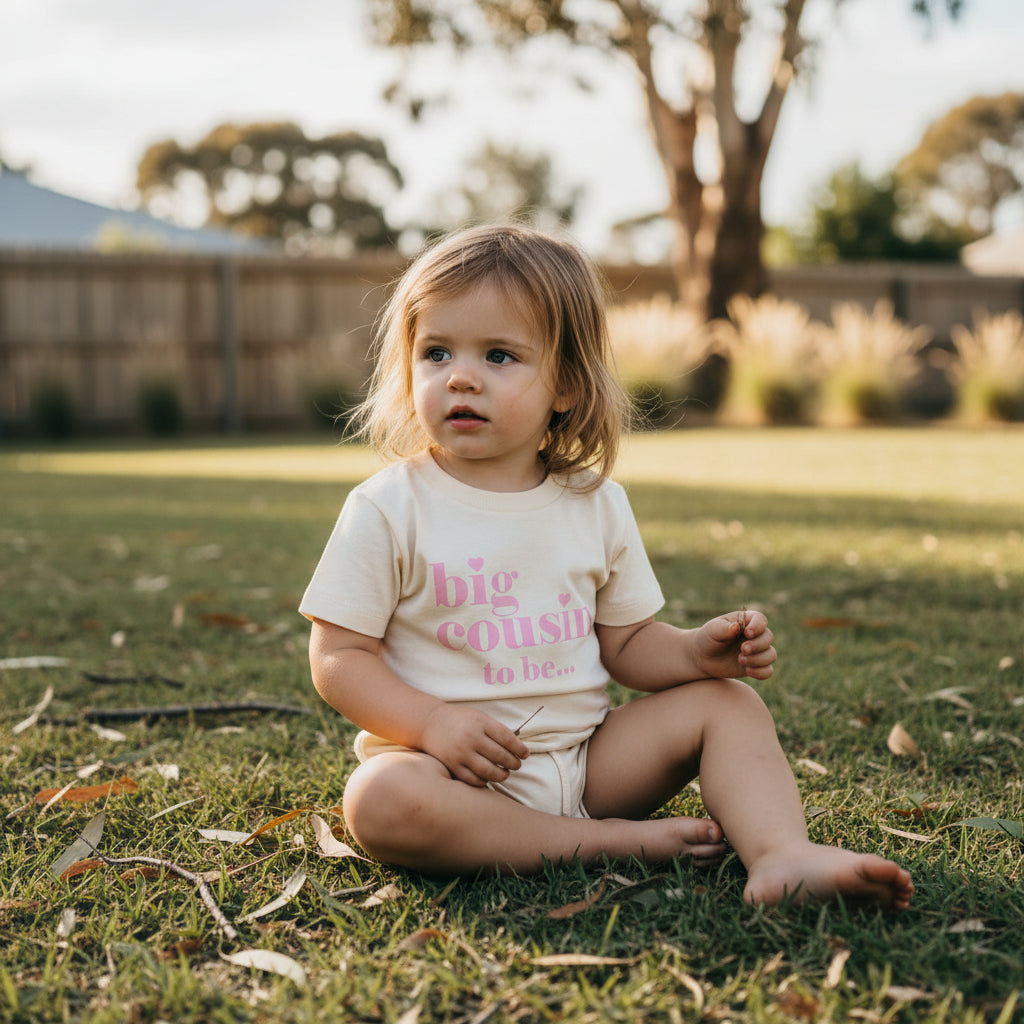 Natural coloured kids t-shirt reading big cousin to be in pink lettering with small hearts.