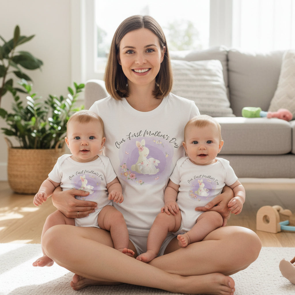 Matching mum and twin babies first Mother’s Day outfits with bunny design, including women’s t-shirt and two baby bodysuits, pastel floral illustration