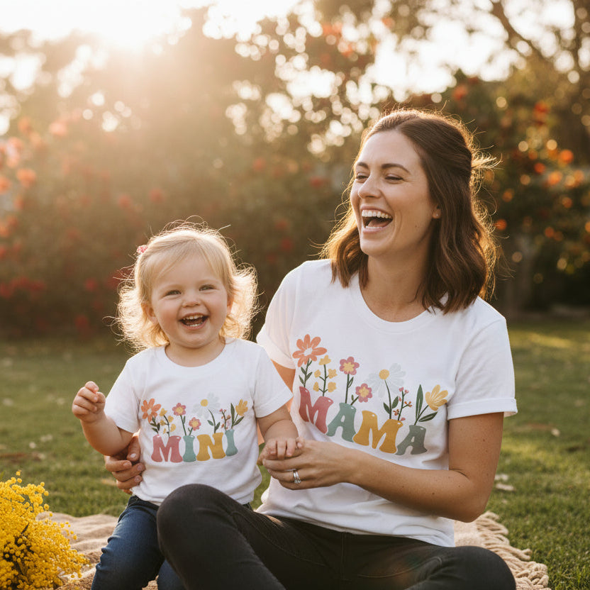 Matching mama and mini floral t-shirts, mum and daughter matching outfits with pastel flower design Australia lifestyle