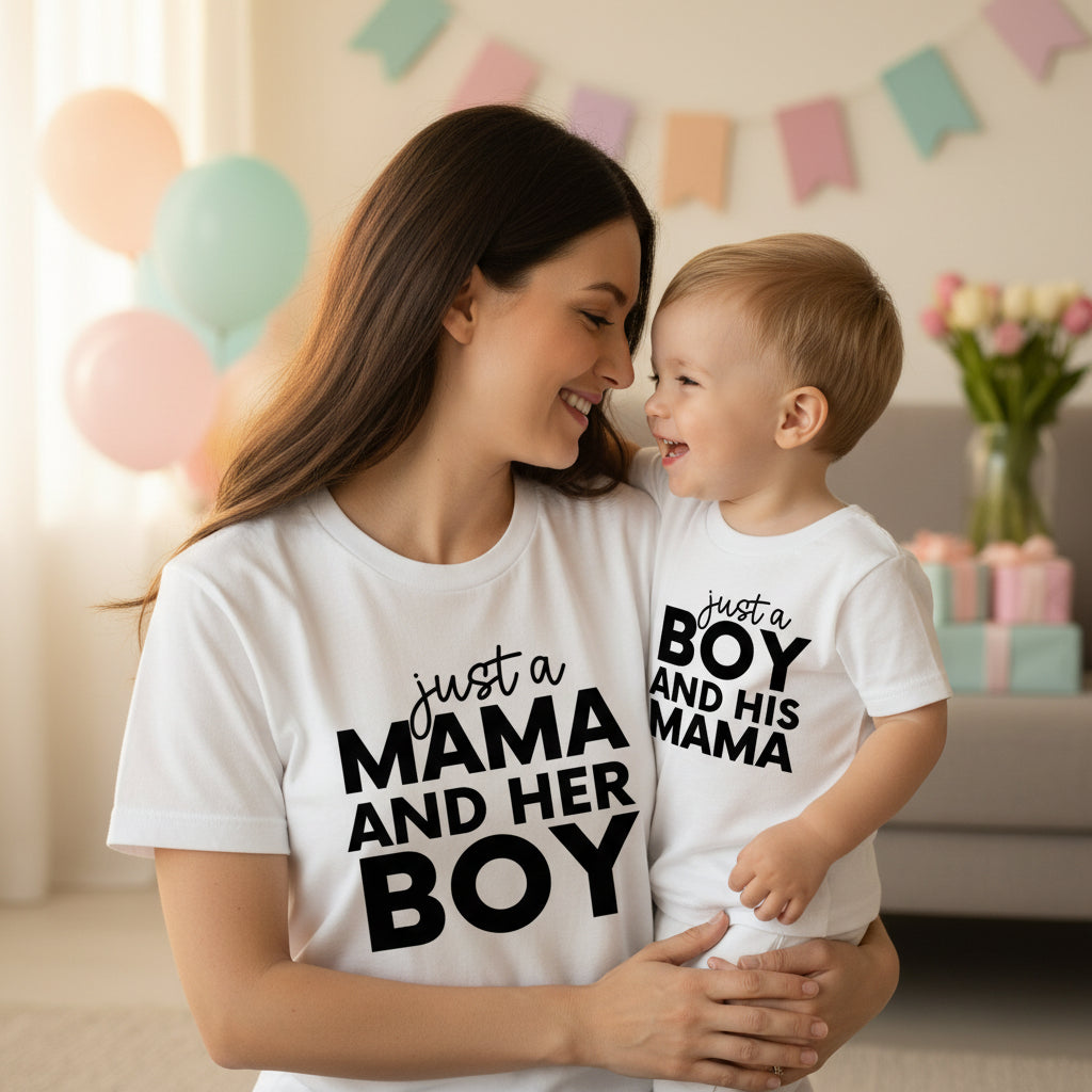 Matching mama and son t-shirts with bold black text just a mama and her boy, mum and child matching outfits Australia