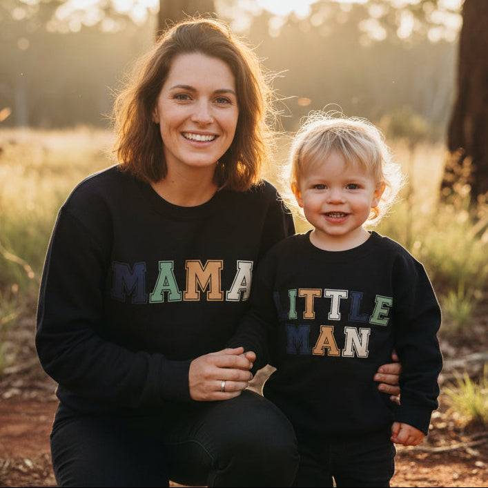 Matching mama and little man black sweatshirts with pastel varsity font print, family matching outfits Australia