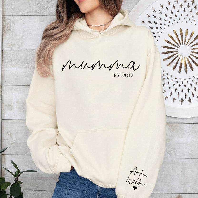 Personalised mumma hoodie with est year on front and children’s names on sleeve, ecru hoodie shown, custom mother gift Australia