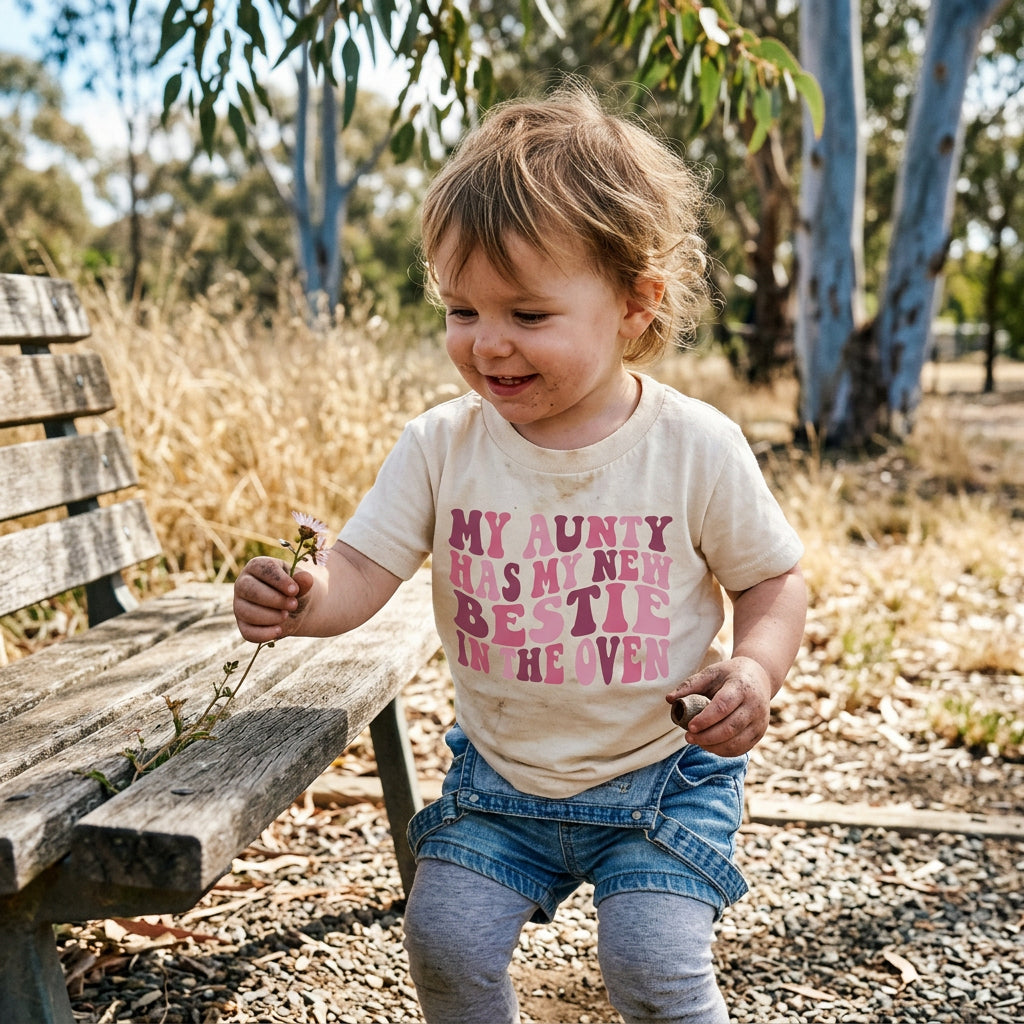 Natural coloured kids t-shirt reading My Aunty Has My New Bestie In The Oven in a pink retro wavy font.