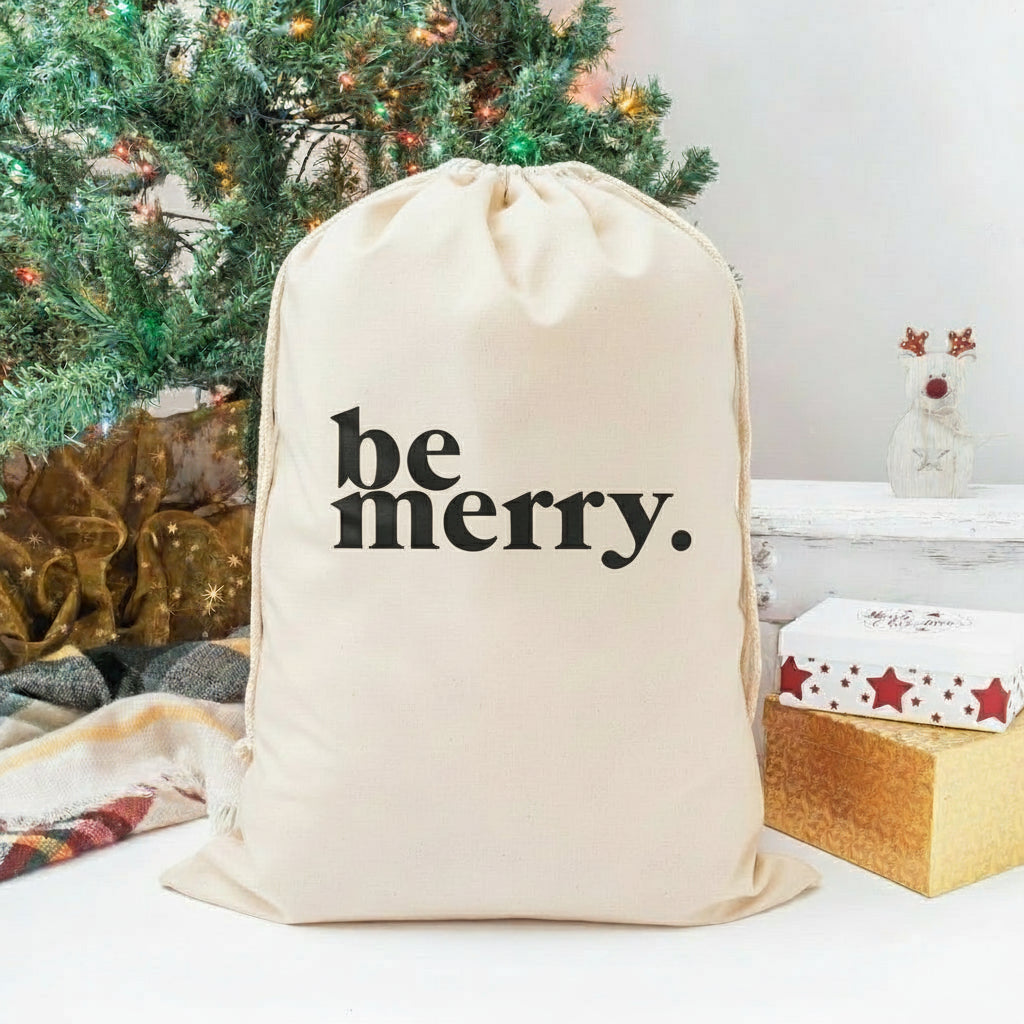 Be Merry Santa Sack, Minimalist Santa Sack, 50cm x 70cm, High Quality Cotton Linen, Christmas Gift Bag, Christmas Keepsake, Xmas Stocking
