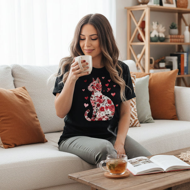 Rose Cat T-Shirt, Valentine's Day T-Shirt, Cat T-Shirt, Valentine's Cat T-Shirt, Women's T-Shirt, Cat T-Shirt, Roses & Hearts