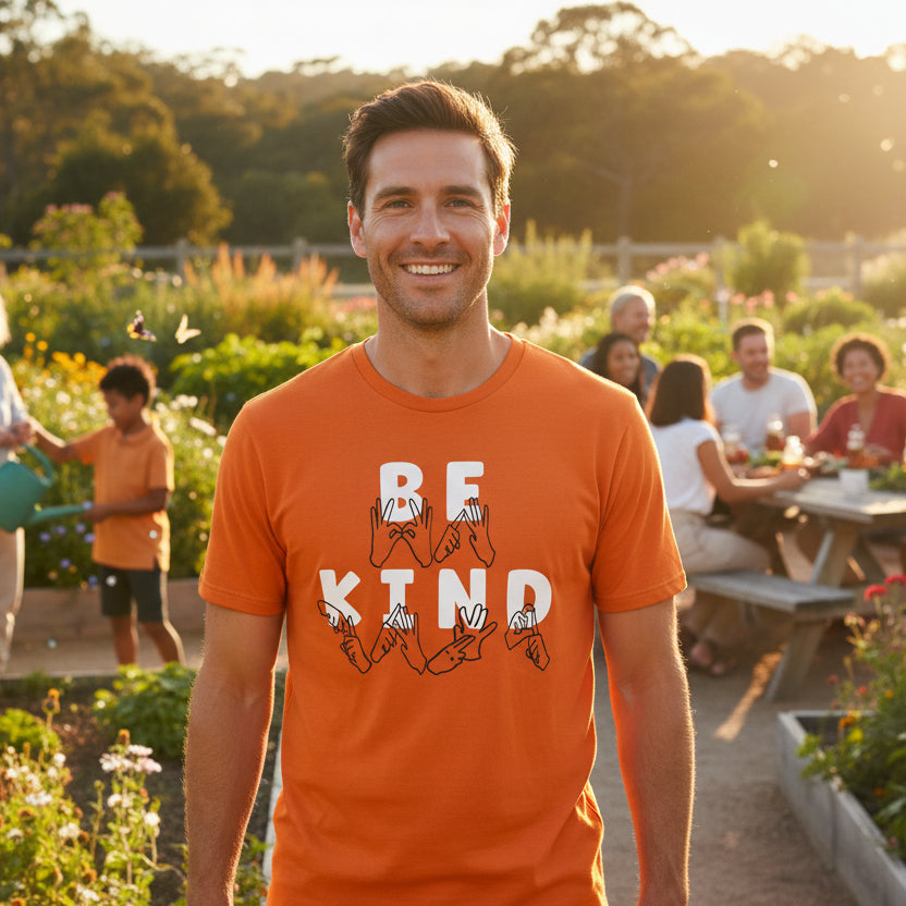 AUSLAN Be Kind T-Shirt, Harmony Day - 21st March, Orange Harmony Day T-Shirt, Everyone Belongs, School T-Shirt, Australian Sign Language