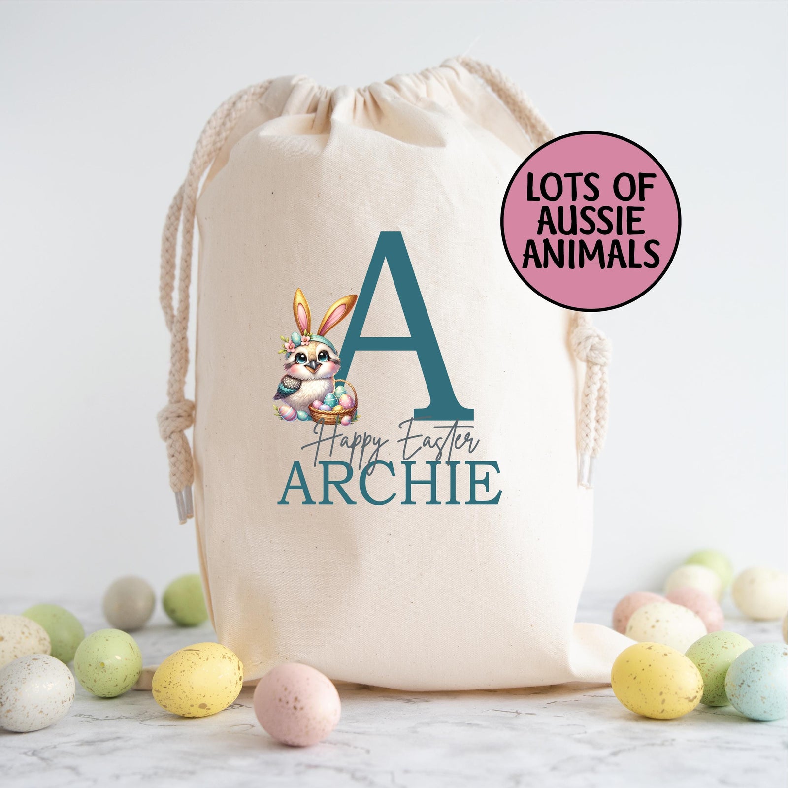 Personalised Easter Sack, Australian Animal Alphabet Egg Hunt Bag, 50cm x 70cm, High Quality Cotton Linen, Easter Gift Bag, Easter Keepsake