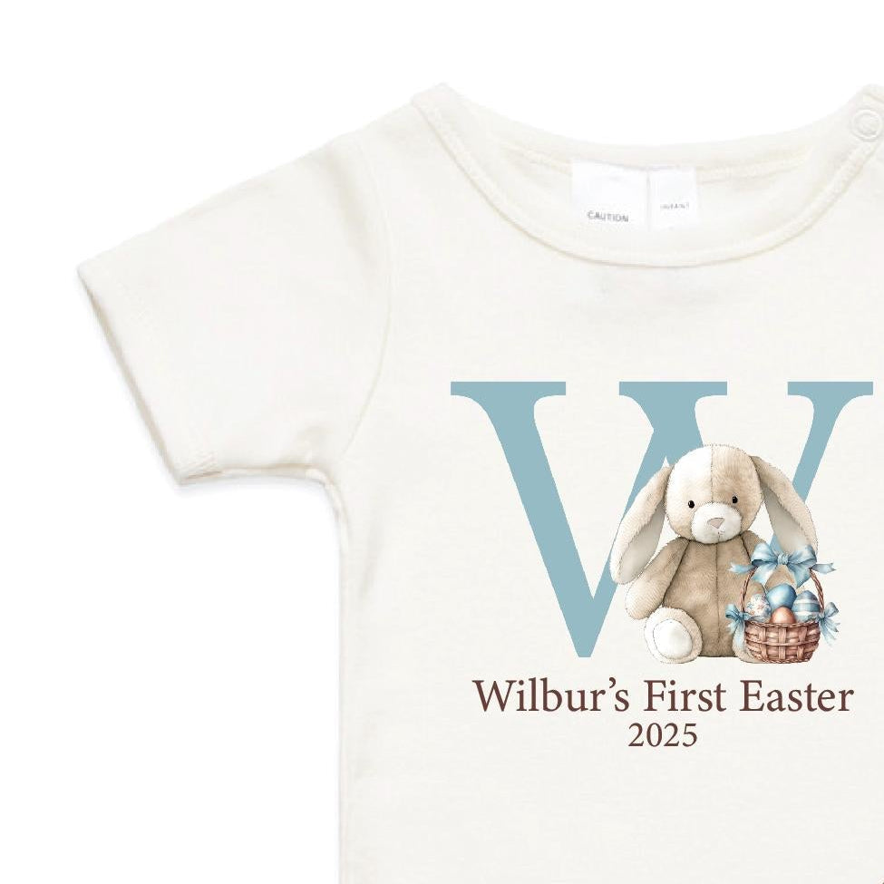 Personalised First Easter 2026 Baby Outfit | Bunny Initial Baby Shirt | Custom Name Baby Bodysuit | First Easter Baby Gift
