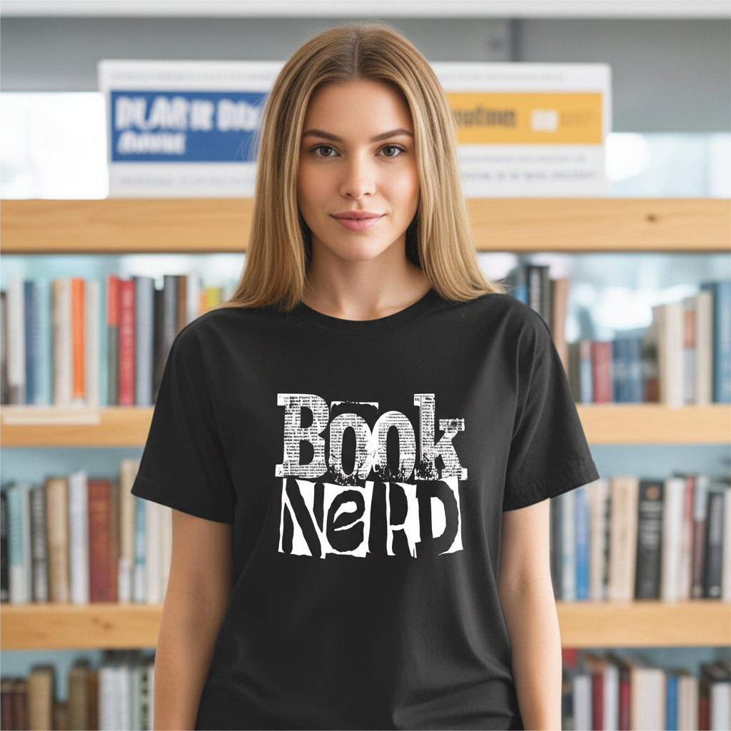 Person wearing a 'Book Nerd' hoodie reading a book in a cozy room with books.