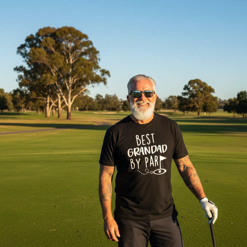 Older man on a golf course wearing a black t-shirt that reads Best Grandad By Par with a golf flag design.