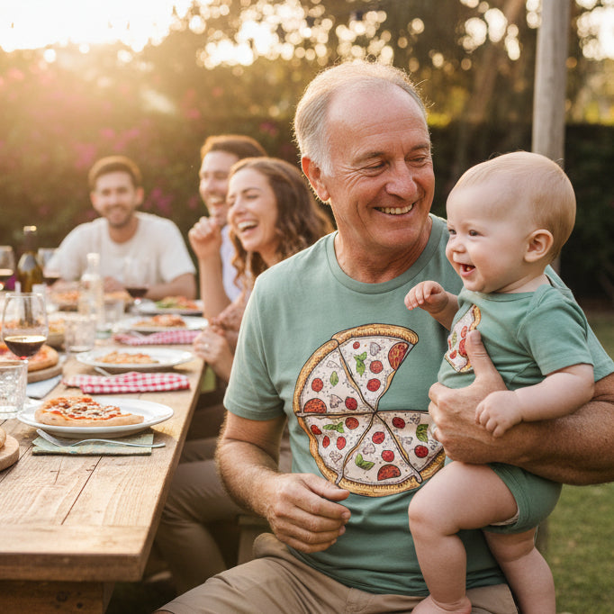 Green t-shirt and baby onesie with pizza design on a white background