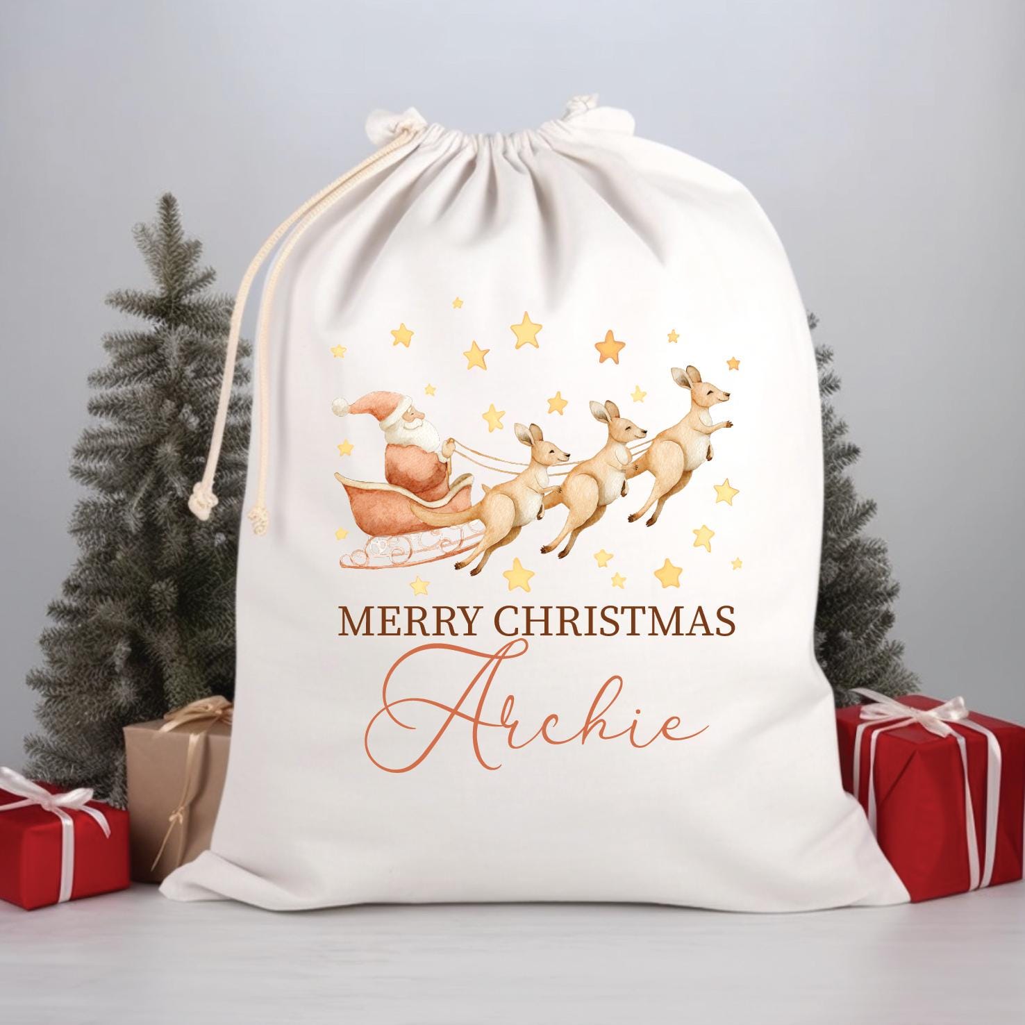 Personalised Santa Sack, Kangaroo Reindeer, 50cm x 70cm, High Quality Cotton Linen, Christmas Gift Bag, Christmas Keepsake, Xmas Stocking
