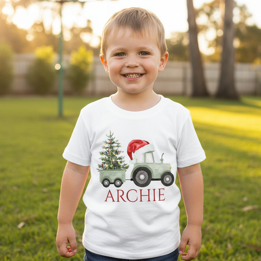 Personalised Christmas Tractor T-Shirt, Christmas On The Farm, Santa's Tree Trailer