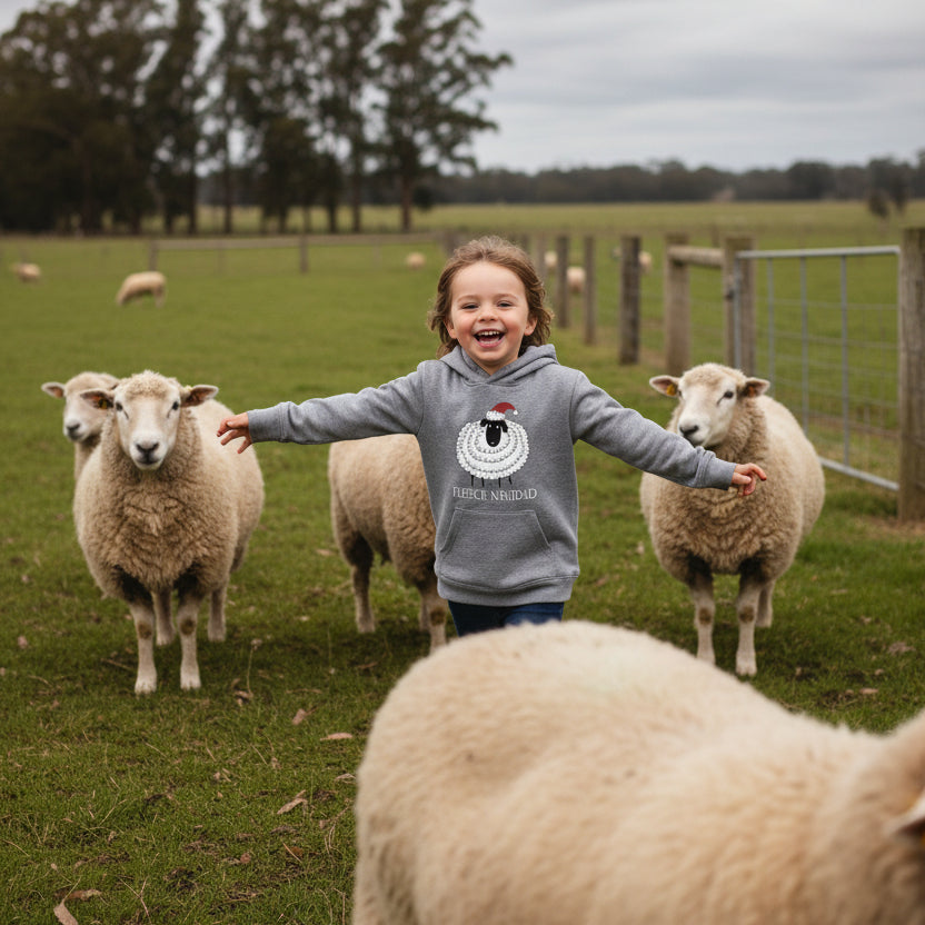 Smiling child in a grey Fleece Navidad Christmas hoodie running through a paddock with sheep