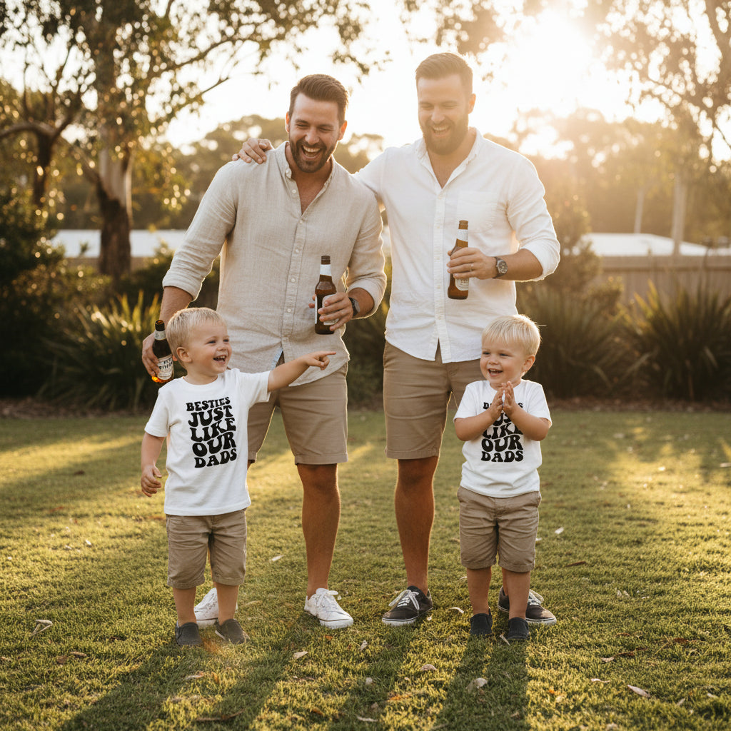 Two children in matching cream outfits reading Besties Just Like Our Dads, playing in a backyard with their dads.