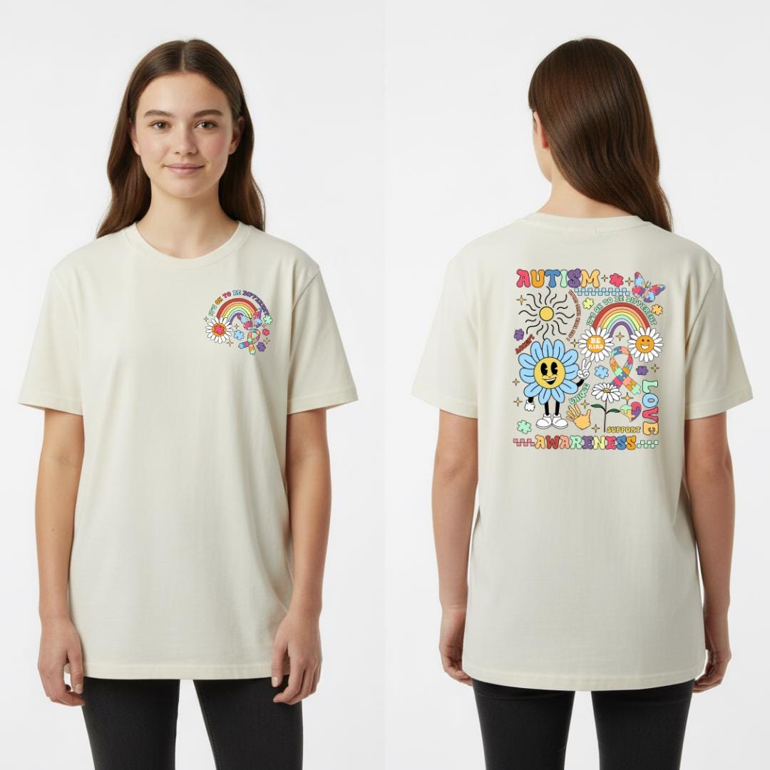 Autism awareness t-shirt Australia retro smiley flower rainbow puzzle design front and back print neurodiversity support beige tee
