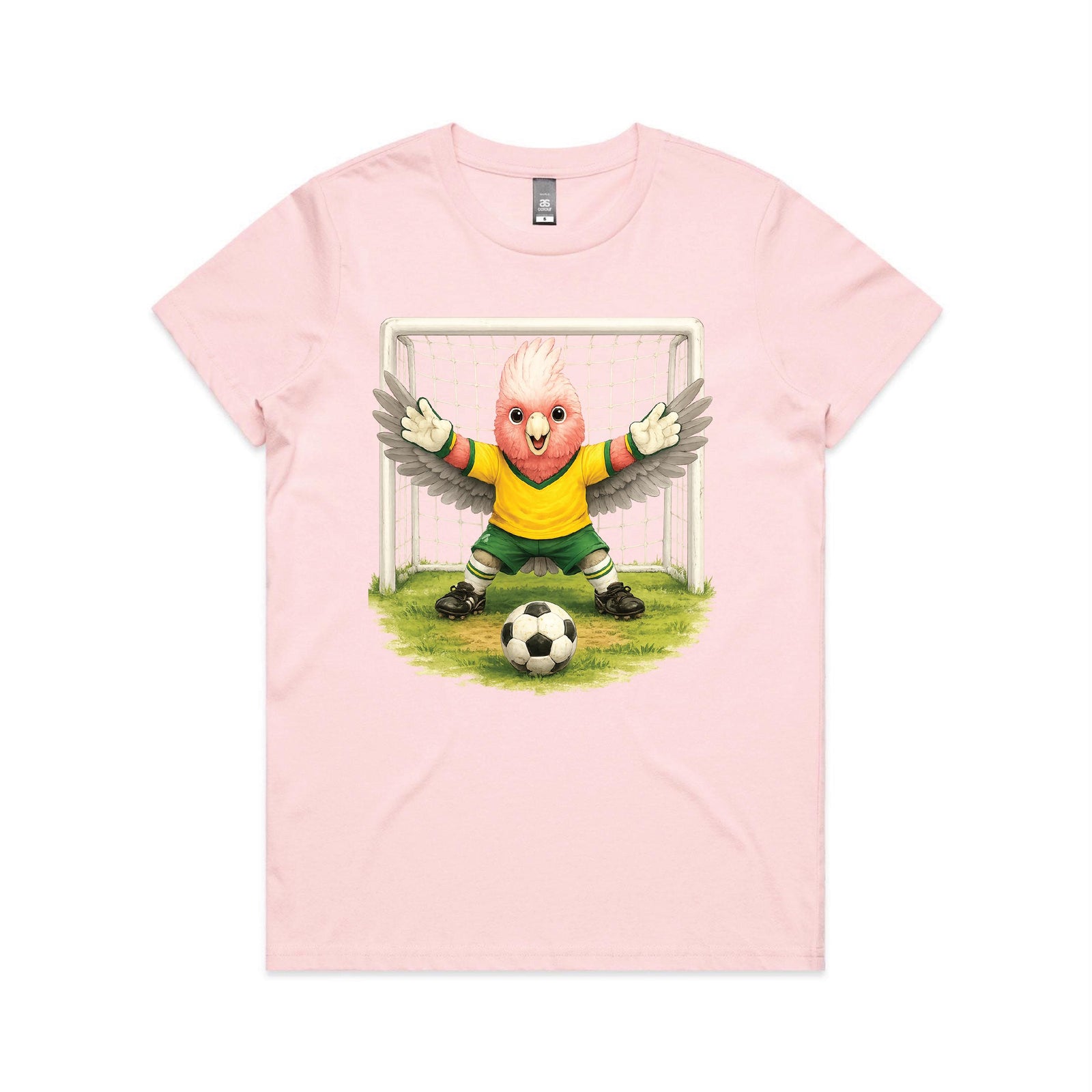 Tilly&Wilbur pink womens tee printed with an illustrated galah goalkeeper in a green and gold soccer kit