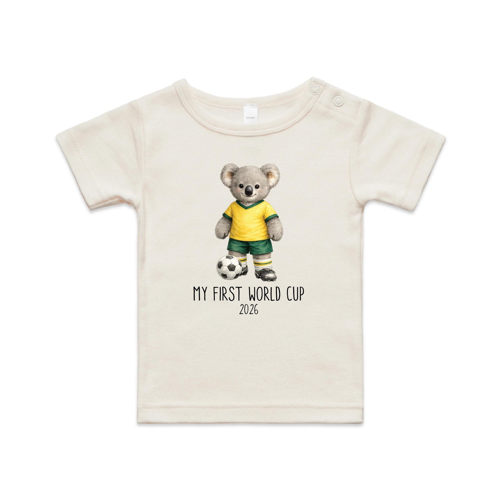 My First World Cup Bodysuit, Koala Soccer Baby Gift, Personalised Green and Gold Milestone Tee