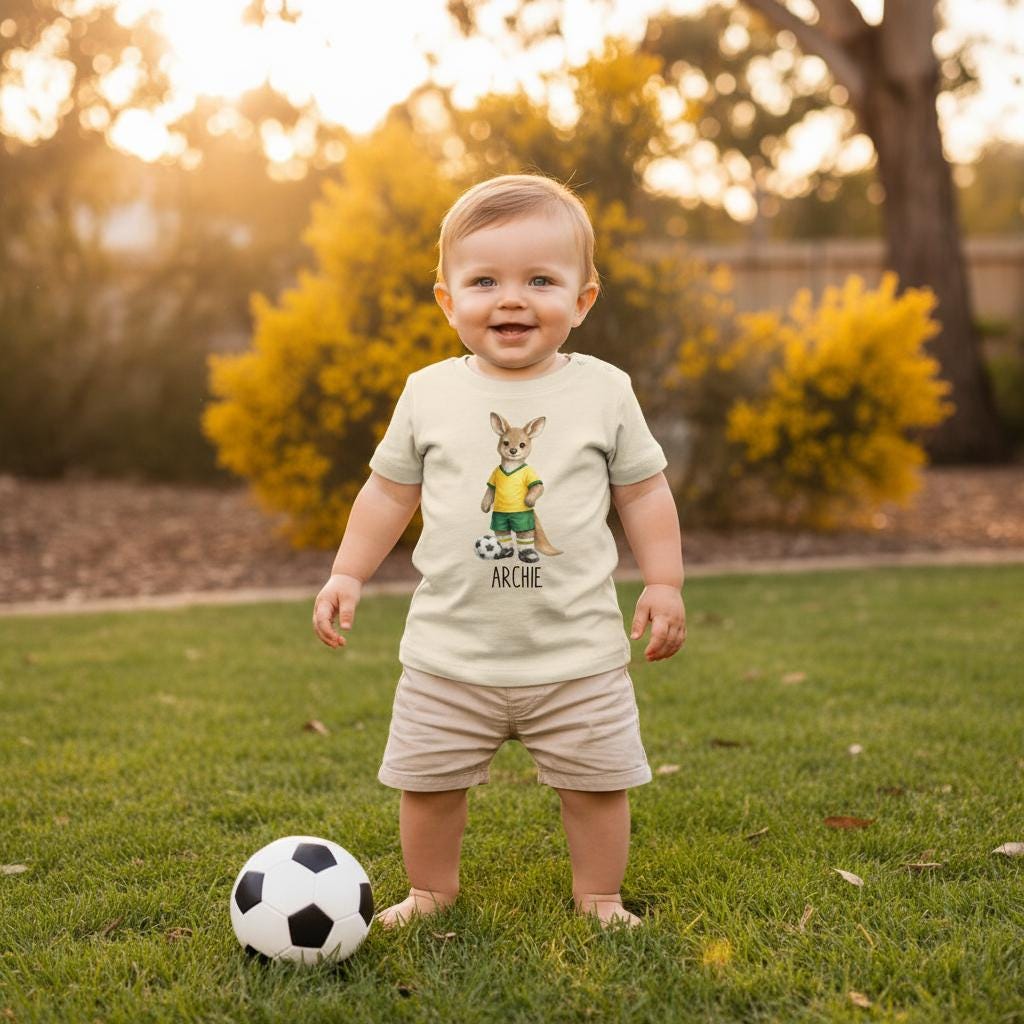 Excited young girl cheering at a soccer stadium wearing a pink personalised Soccer Kangaroo t-shirt with custom name Martha underneath