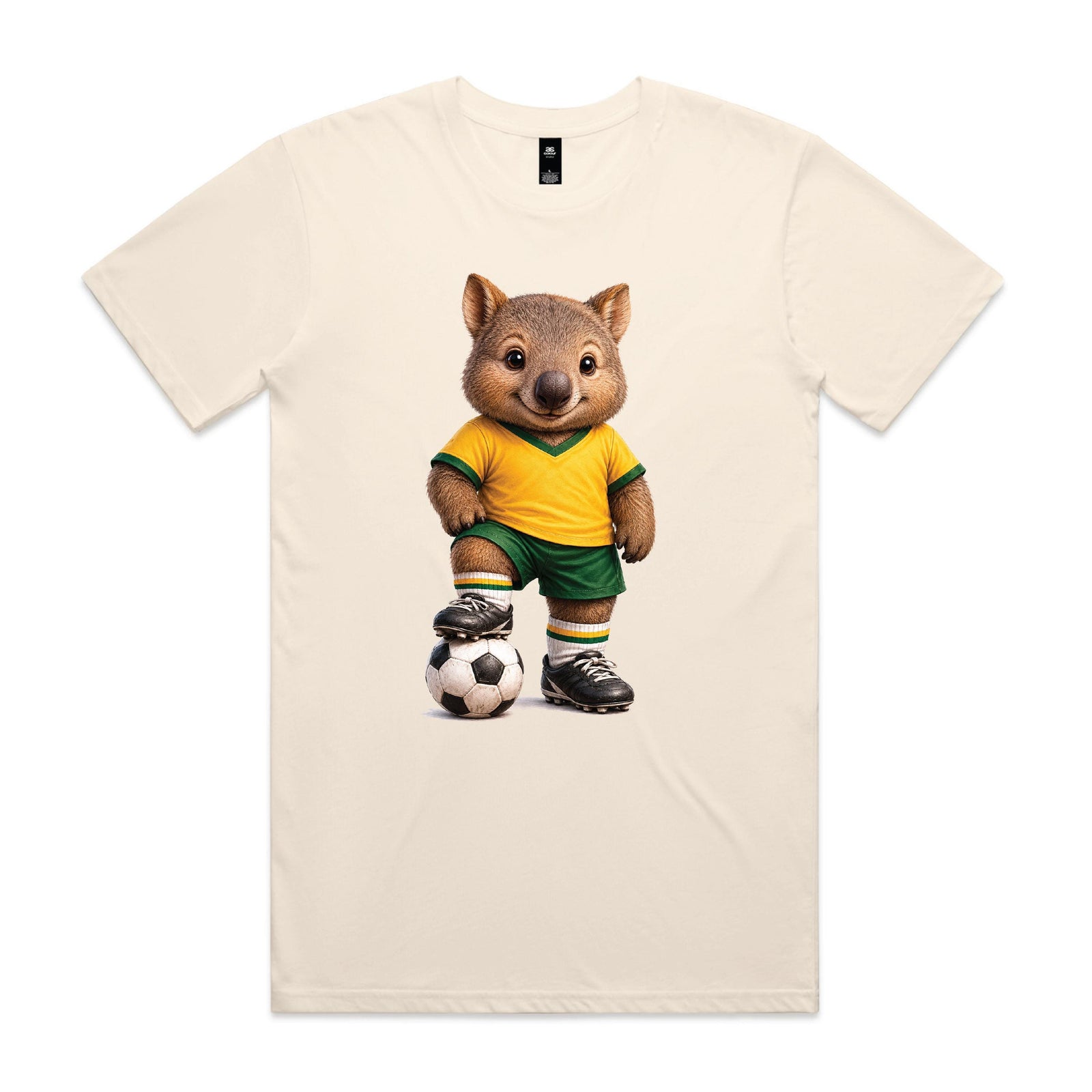 Tilly&Wilbur natural tee printed with an illustrated wombat soccer player in a green and gold kit with a soccer ball on a white background