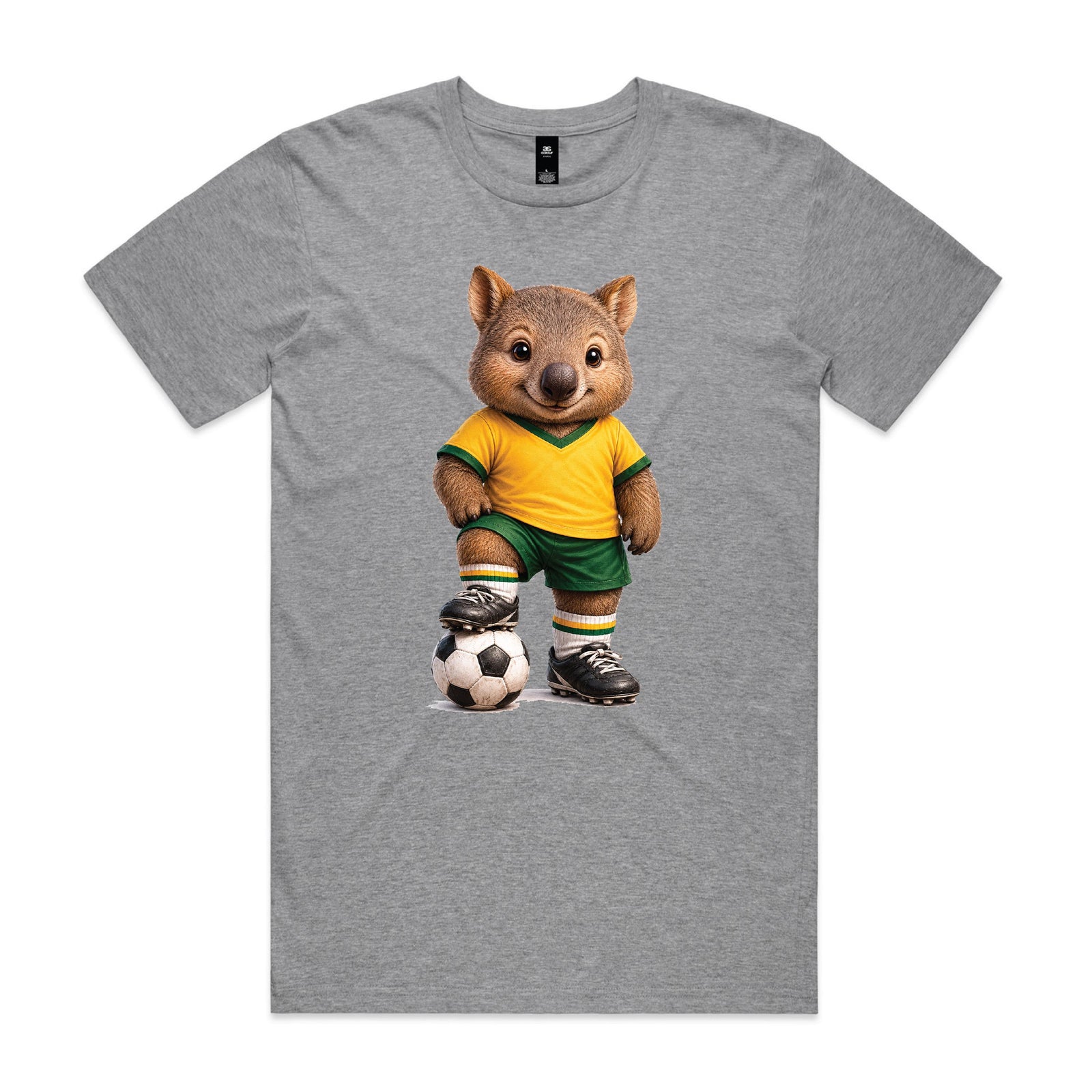 Tilly&Wilbur grey marle tee printed with an illustrated wombat soccer player in a green and gold kit with a soccer ball on a white background
