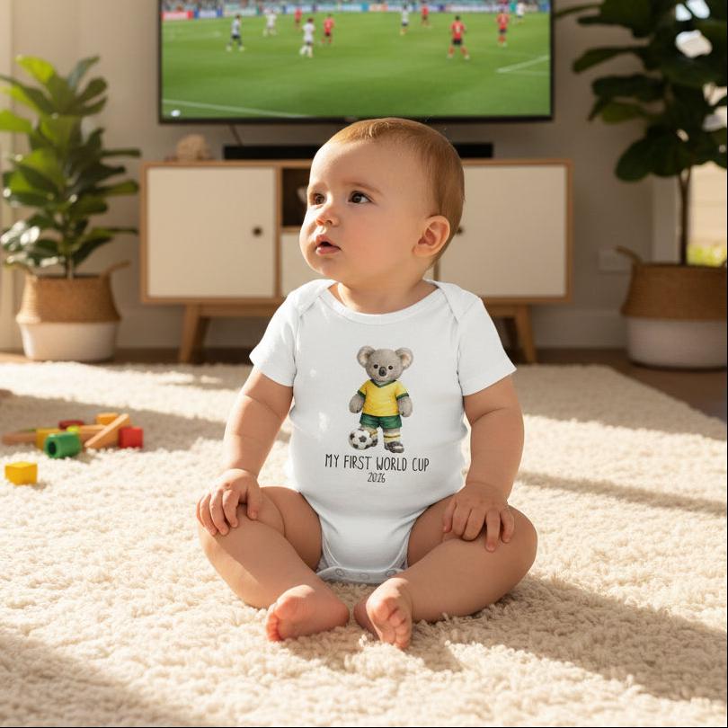 Tilly&Wilbur white baby bodysuit printed with a green and gold koala soccer player and "My First World Cup" with a personalised year, sitting on the floor in front of a television playing a soccer match
