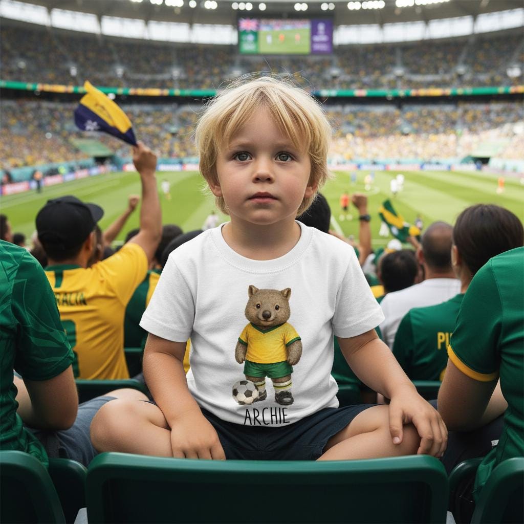 Tilly&Wilbur white kids tee printed with a green and gold wombat soccer player and a personalised name underneath.