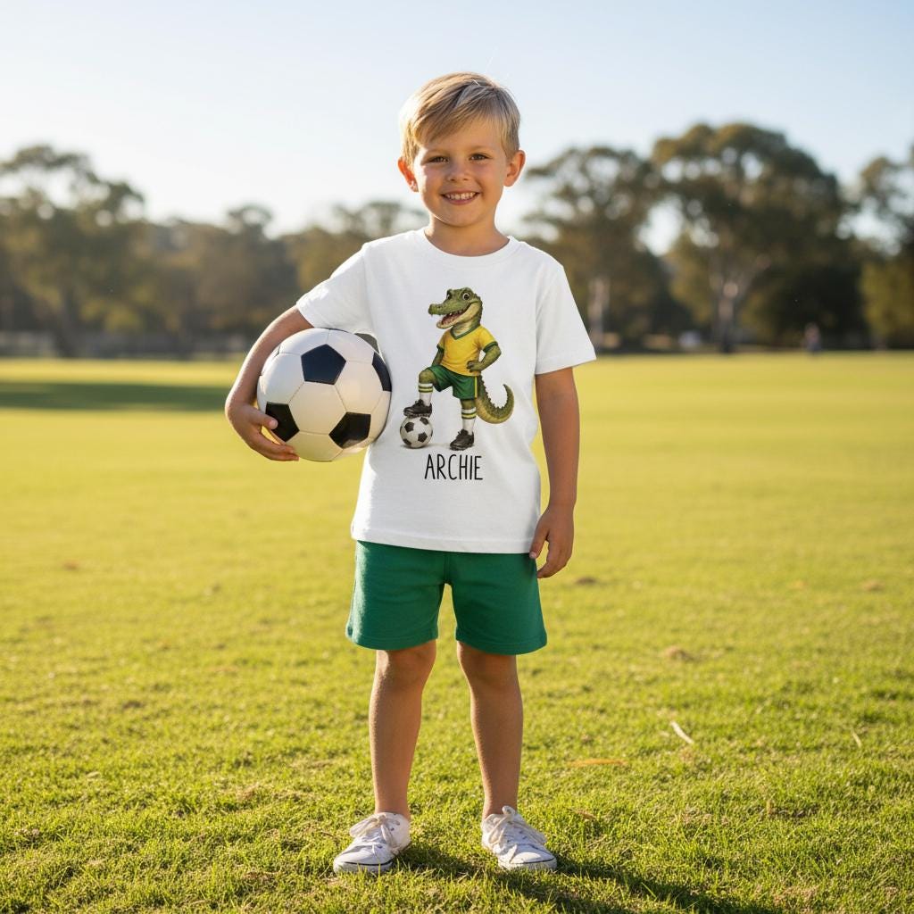 Gray sweatshirt with a cartoon alligator holding a soccer ball and the name 'Archie' on a white background.