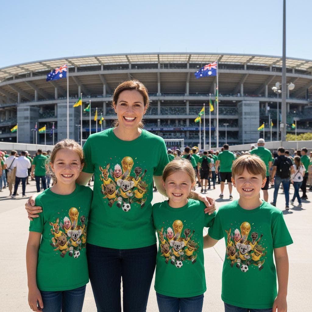 Mum and three kids smiling outside a sports stadium wearing matching green Aussie Soccer Squad t-shirts featuring native animal players and trophy design