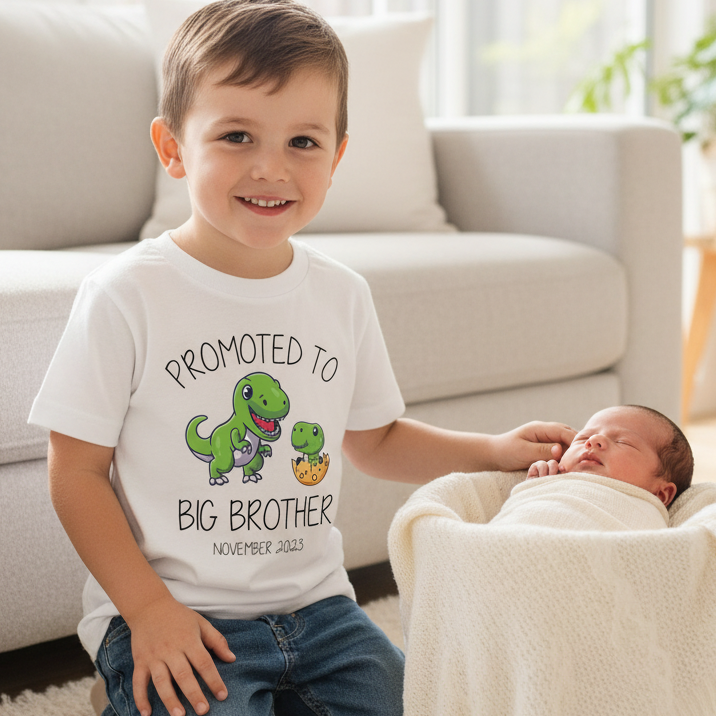 A white short-sleeve baby t-shirt with a cartoon dinosaur graphic and the text 'PROMOTED TO BIG BROTHER NOVEMBER 2023'. The t-shirt is styled in a flat-lay arrangement with blue denim jeans and a small green plant on a white wood background.