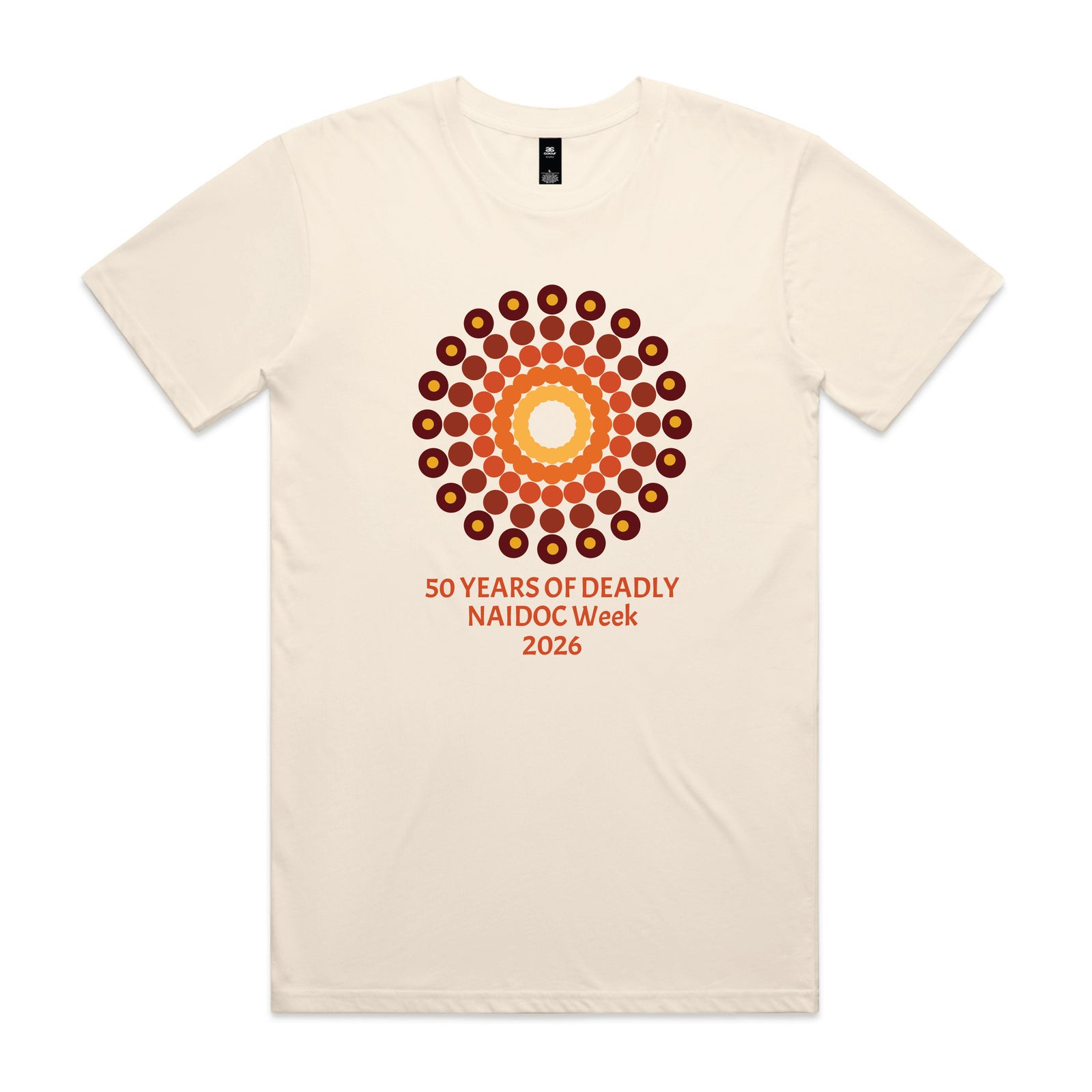 Ecru t-shirt with orange and yellow 50 design featuring storytelling motifs and 50 Years of Deadly NAIDOC Week 2026 text