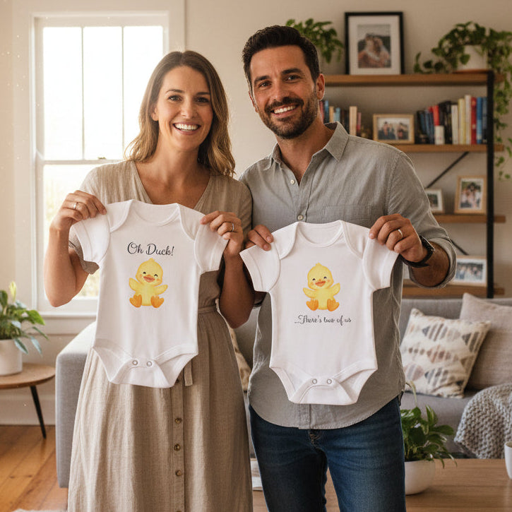 Two white baby bodysuits with watercolour ducklings reading Oh Duck and There's two of us.