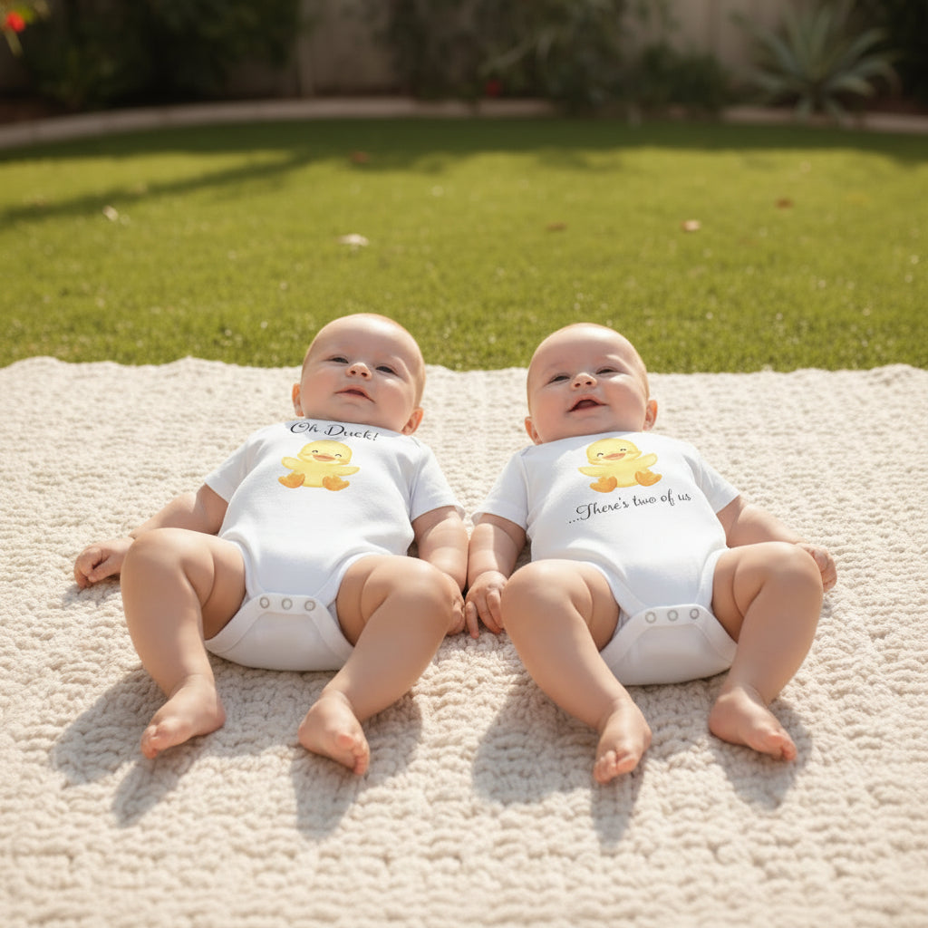 Two white baby bodysuits with watercolour ducklings reading Oh Duck and There's two of us.