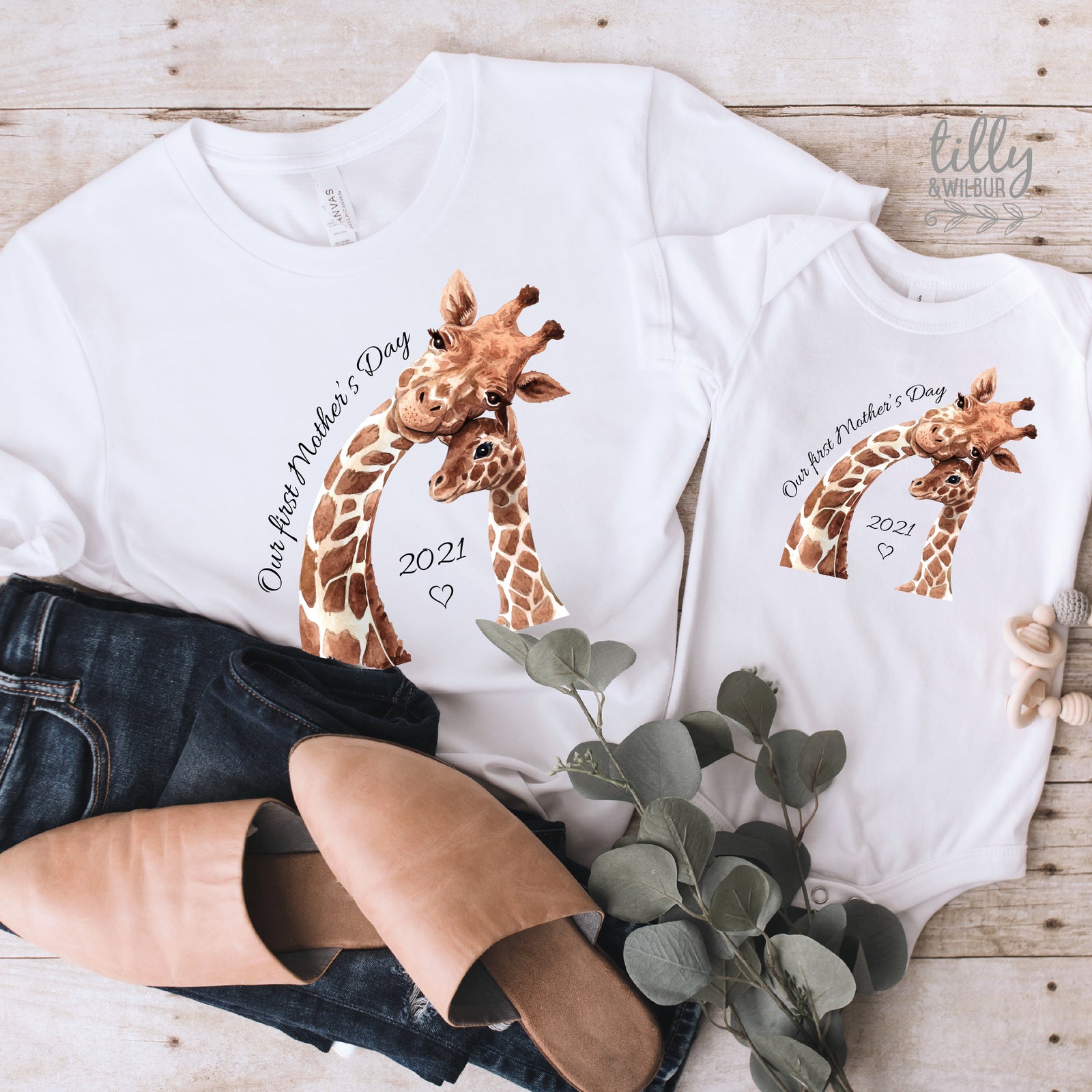 First Mother’s Day Shirt | Giraffe Mum & Baby Design | Custom Year | Matching Available