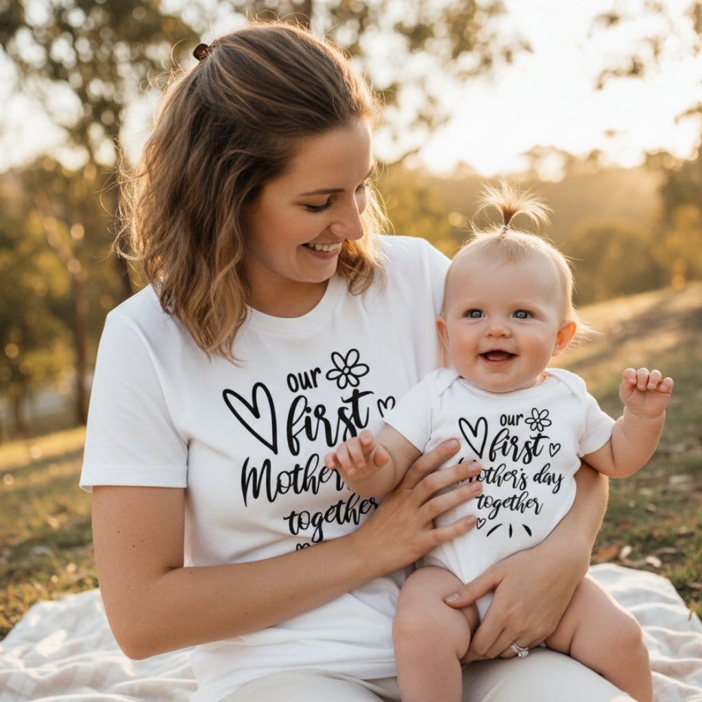 White shirts with 'our first Mother's Day together' text on a white background