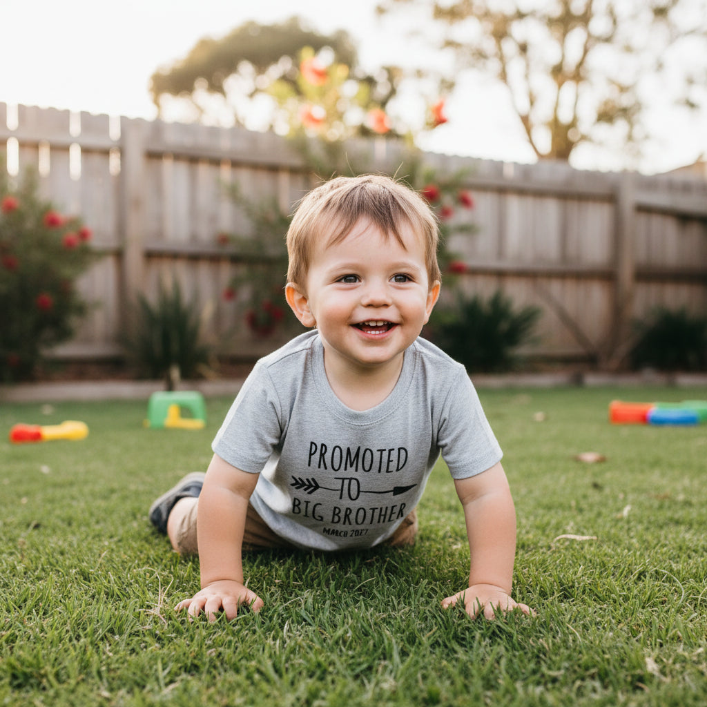 Child wearing Promoted To Big Brother pregnancy announcement shirt outdoors
